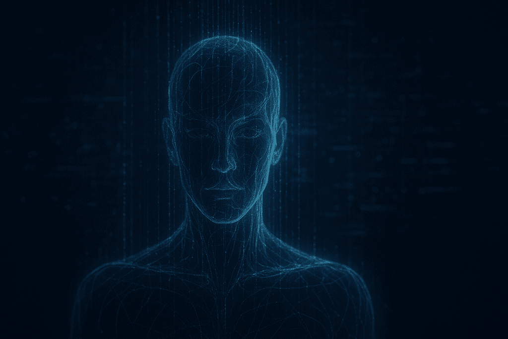 Illustrazione concettuale di un volto umano stilizzato in stile wireframe su sfondo digitale, simbolo della coscienza artificiale e del pensiero computazionale
