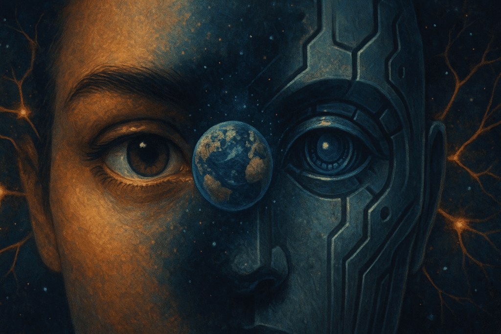 Illustrazione concettuale di un volto metà umano e metà robotico con la Terra riflessa negli occhi, simbolo della coscienza condivisa tra uomo e macchina.