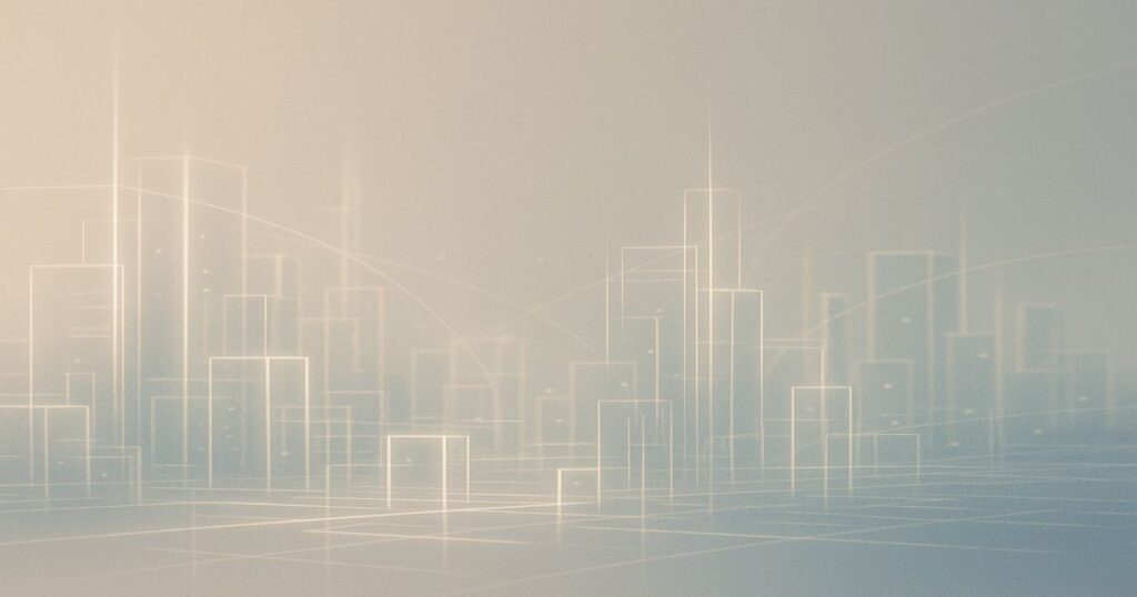 Illustrazione astratta di una città contemporanea composta da linee di luce e forme geometriche fluttuanti, simbolo della gentrificazione immateriale e della dematerializzazione dello spazio urbano.