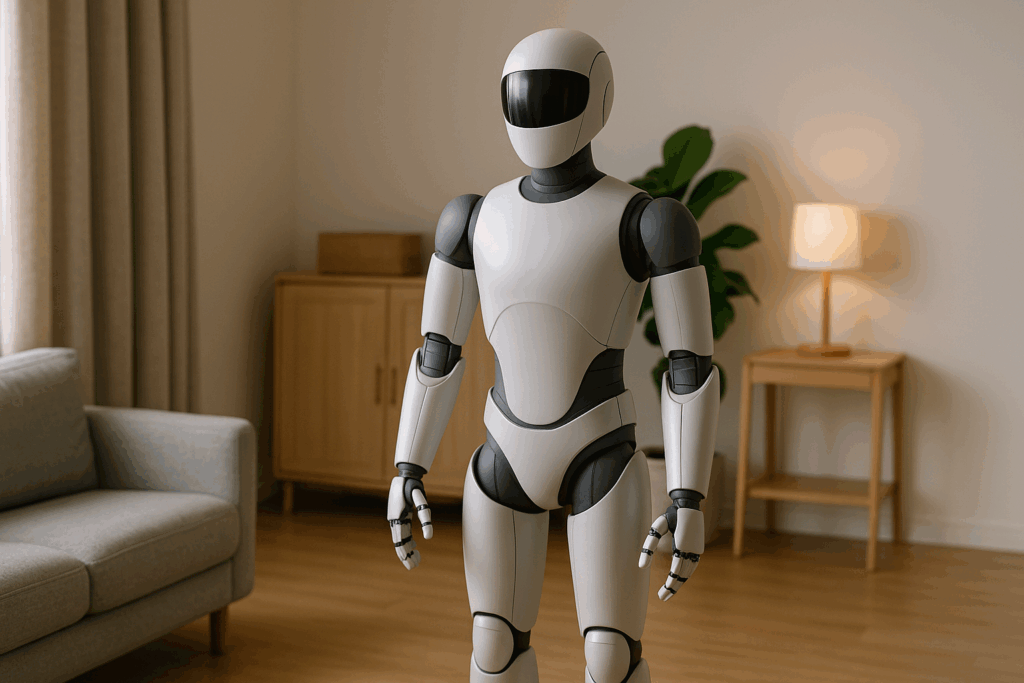 Robot umanoide di 1X Technologies in un ambiente domestico moderno, esempio di intelligenza artificiale applicata alla vita quotidiana