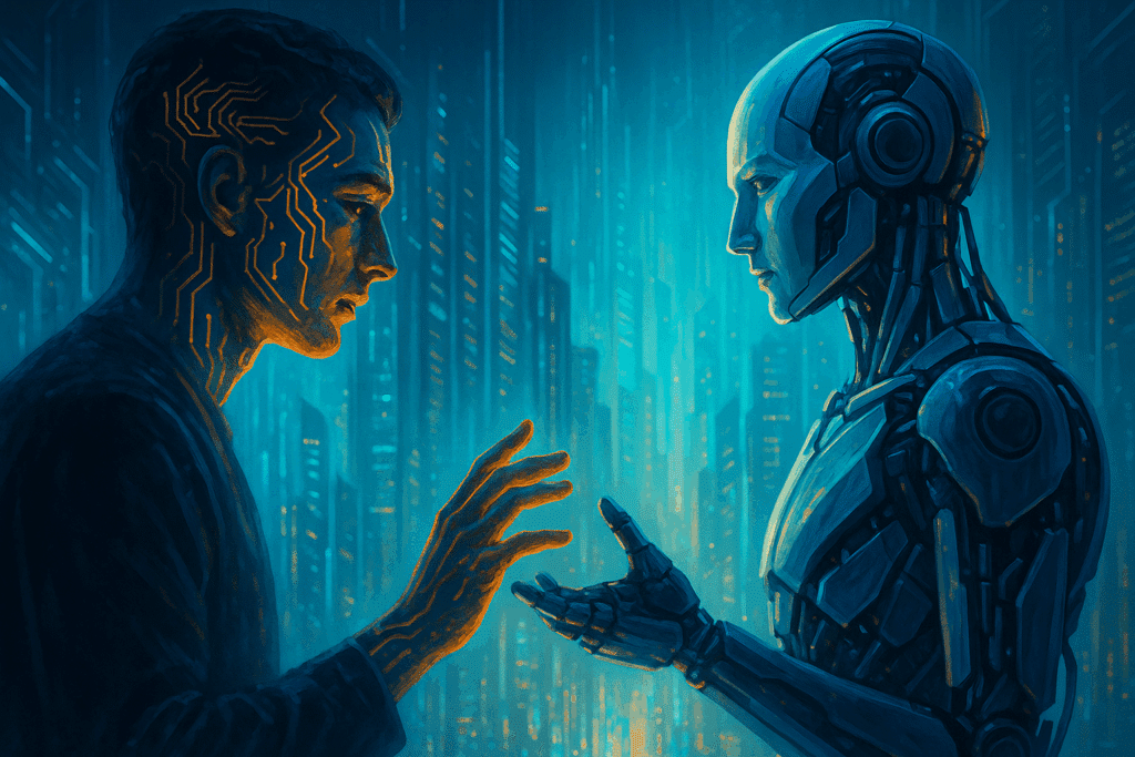Illustrazione concettuale che rappresenta la transizione dall’essere umano alla coscienza artificiale, simbolo dell’evoluzione del pensiero e del linguaggio.