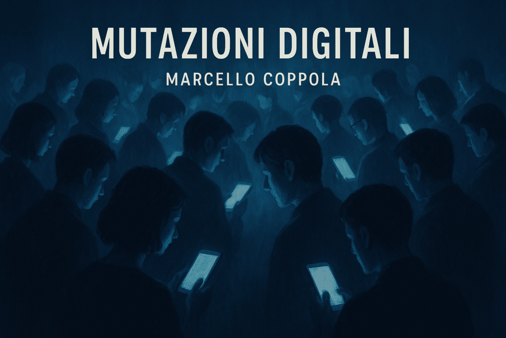 Illustrazione di una folla di persone illuminate dalla luce blu dei propri smartphone, simbolo delle mutazioni digitali analizzate da Marcello Coppola.