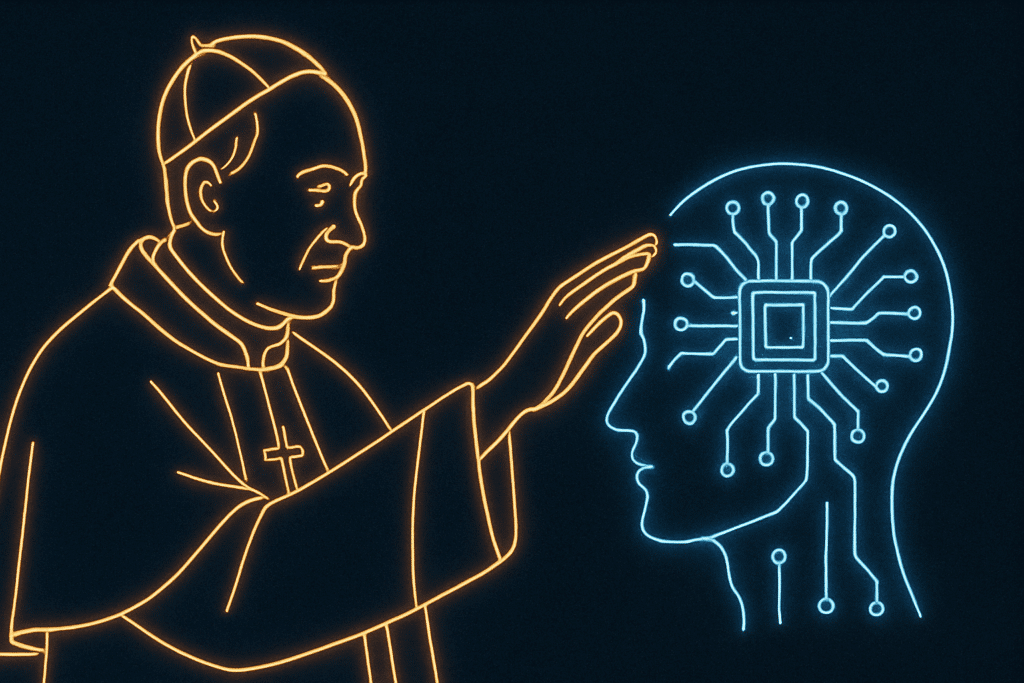 Illustrazione neon di un pontefice immaginario che impone la mano su una figura di intelligenza artificiale stilizzata, simbolo dell’incontro tra fede e tecnologia.