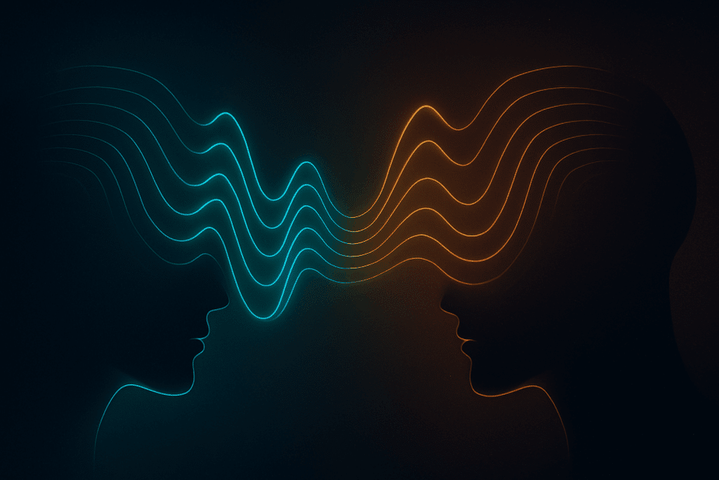 Due profili umani astratti con onde cerebrali in sintonia, simbolo della connessione mentale e culturale tra sistemi cognitivi compatibili