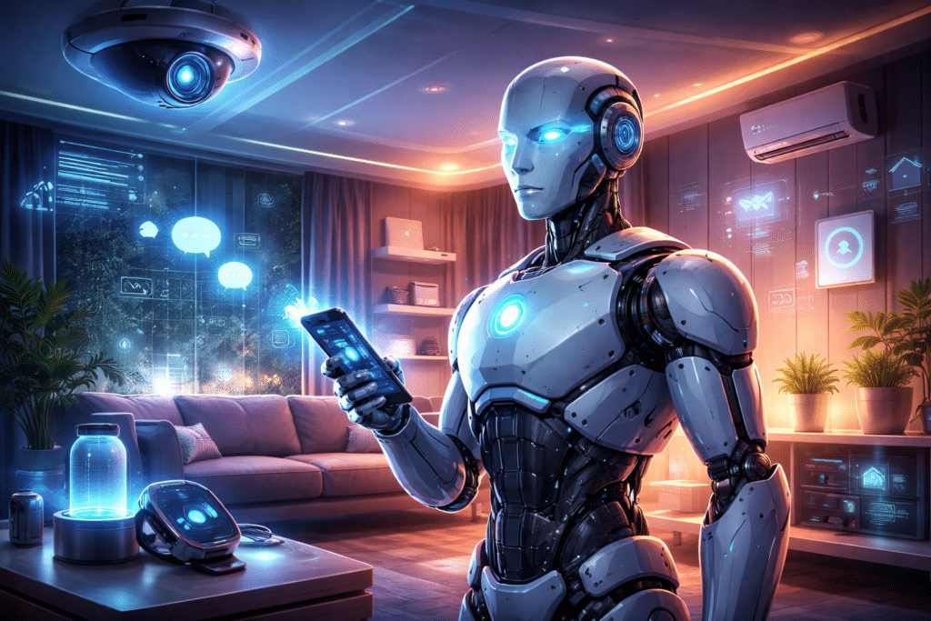 Ambiente domestico futuristico con robot e dispositivi di intelligenza artificiale che osservano e apprendono le abitudini umane