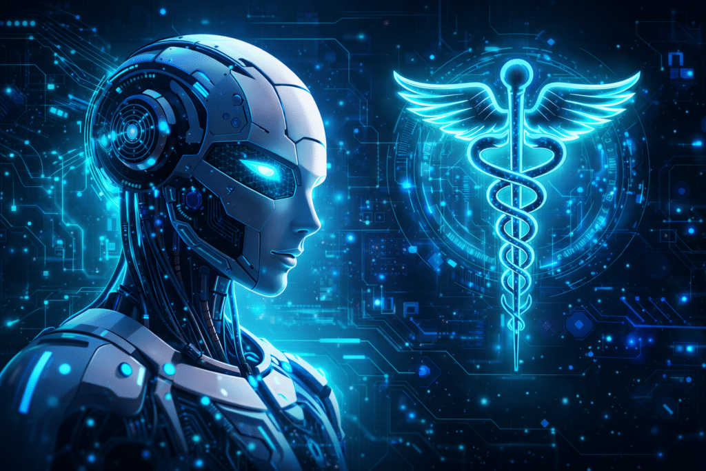 Illustrazione futuristica sull’uso dell’intelligenza artificiale in sanità, tra tecnologia, decisione clinica e responsabilità istituzionale