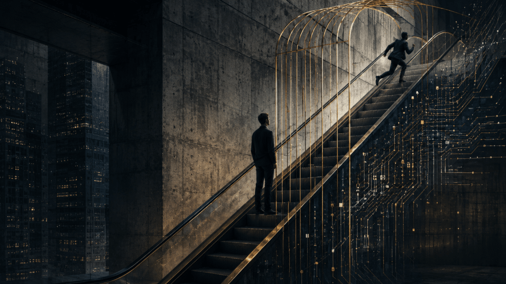 Scala mobile urbana con figure umane e circuiti digitali, metafora dell’intelligenza artificiale come acceleratore della produttività.