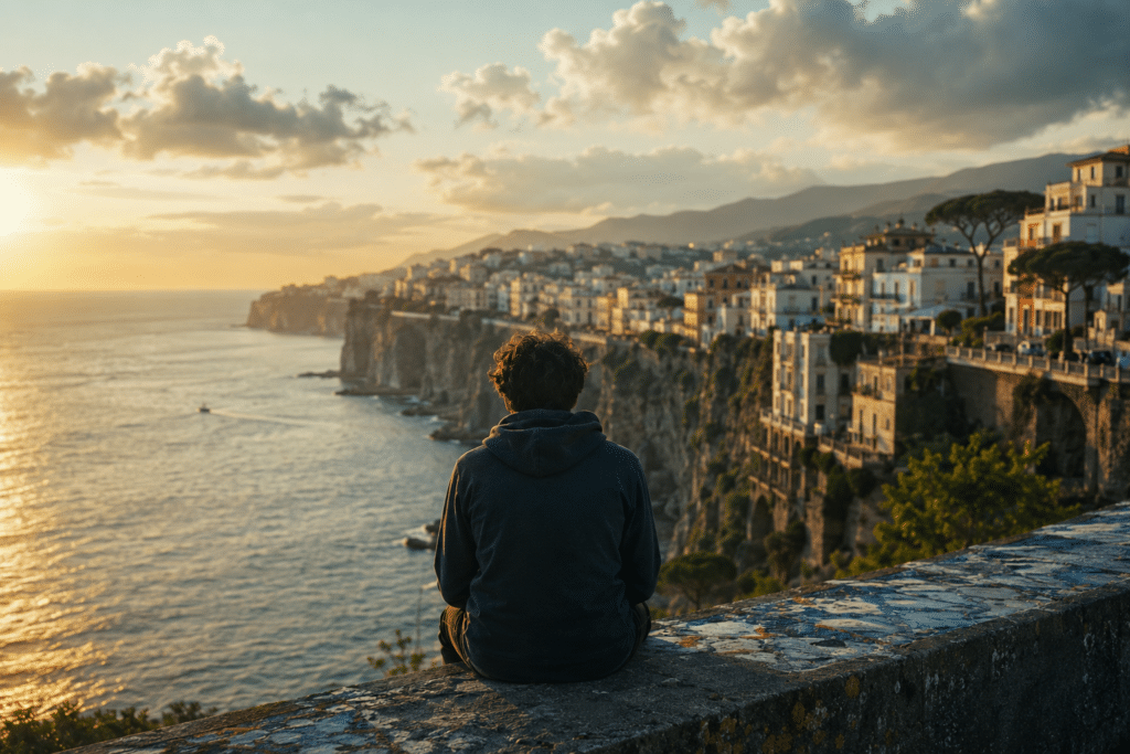 Giovane osserva il panorama di Sorrento al tramonto, simbolo dello spopolamento della Penisola Sorrentina.