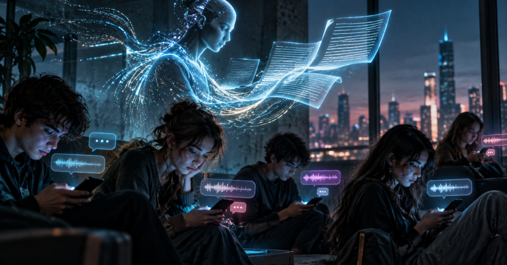 Giovani isolati dagli smartphone mentre un’intelligenza artificiale genera contenuti digitali