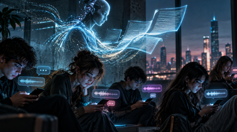Giovani isolati dagli smartphone mentre un’intelligenza artificiale genera contenuti digitali